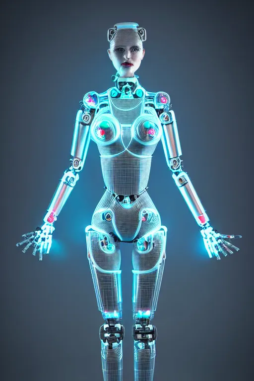 Prompt: a stunning robot woman with cybernetic enhancements, wires, led lights, glowing lights, futuristic, 3 d render