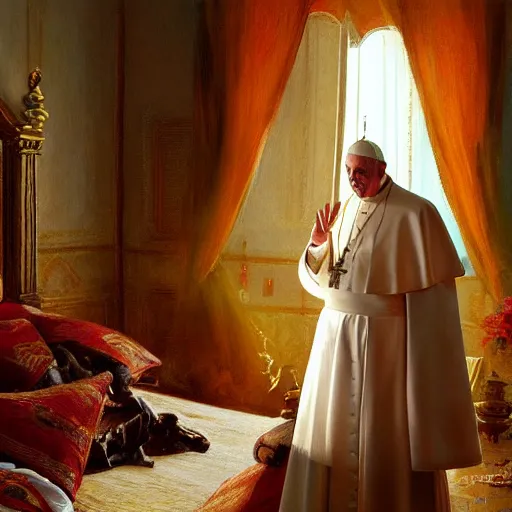 Image similar to the pope is in the papal bedroom, scared because a horned demon is attacking him. highly detailed painting by gaston bussiere, greg rutkowski, craig mullins 8 k