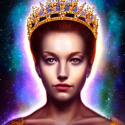 Prompt: a realistic digital painting of a queen looking over the galaxy, wearing a crown, dramatic lighting, serious expression, 4K, HD, detailed, epic