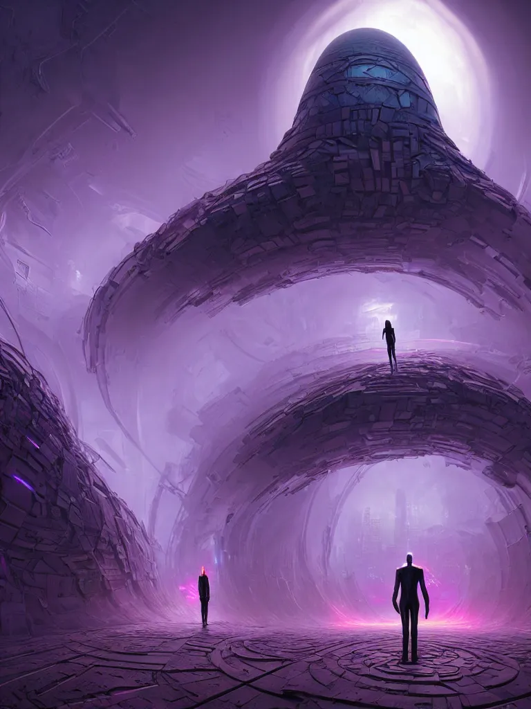 Prompt: entrance to ethereal realm, humans and robots, rendered in unreal engine, central composition, symmetrical composition, dreamy colorful cyberpunk colors, 6 point perspective, fantasy landscape with anthropomorphic!!! terrain!!! in the styles of igor morski, jim warren, and rob gonsalves, intricate, hyperrealistic, volumetric lighting, big sky, distinct horizon