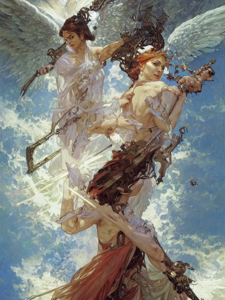 Image similar to an image of a terrifyingly beautiful angel of paradise wielding an electrified sword, by Stanley Artgerm Lau , greg rutkowski, thomas kindkade, alphonse mucha, loish, norman Rockwell