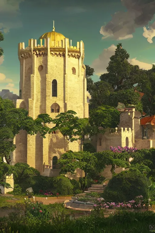 Prompt: view of the white tower of the moon in its gardens after a storm, fairytale illustration, tall windows, beautiful moorish tiles, dramatic cinematic lighting, rich colors, golden age illustration, by Sylvain Sarrailh and Nicholas Roerich and Ludwig Deutsch, unreal engine