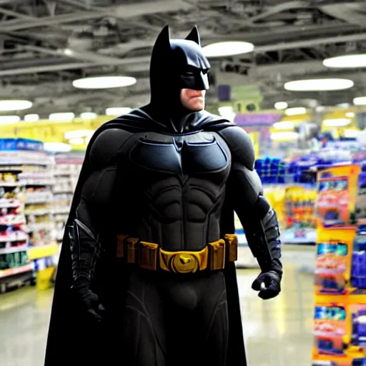 Prompt: A still of Ben Affleck's Batman at Walmart, 4k, photograph, ultra realistic, highly detailed, studio lighting