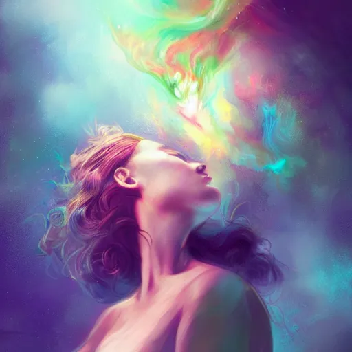 Image similar to a hyperdetailed portrait matte paitning of a beautiful woman blowing iridescent smoke depicted as a nebulous explosion, by vanessa lemen by charlie bowater by ross tran by beeple