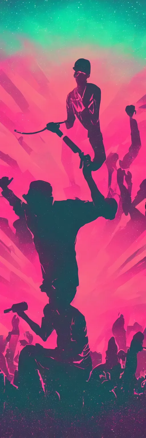 Image similar to rapping into microphone, silhouette, huge crowd, outrun, hip hop, digital art, Aurora borealis, trending on Artstation, professional artist, detailed, 4k