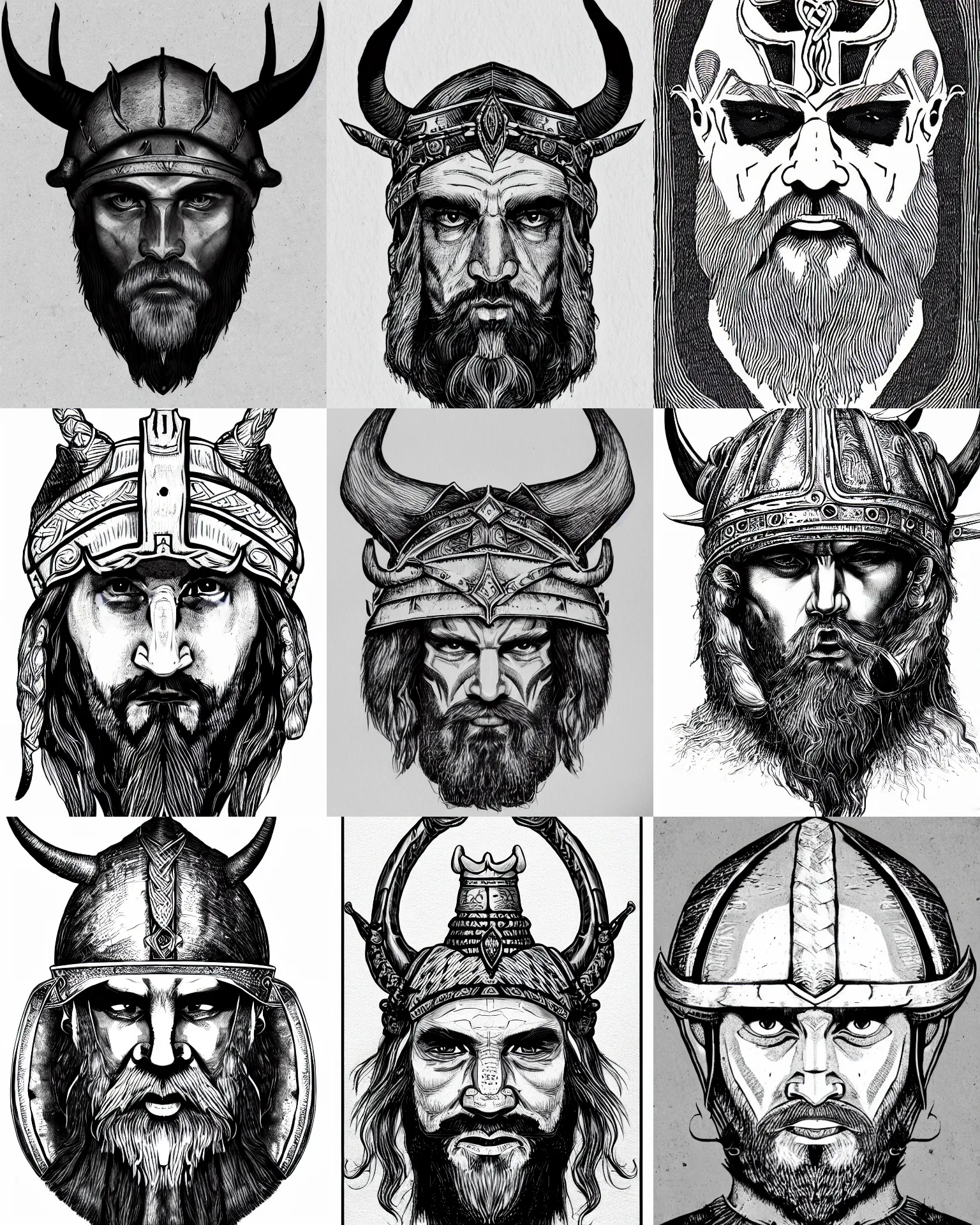 Prompt: very detailed october ink drawing a head of a beared viking wearing horned helmet, white wall background, front face symmetrical, trending on artstation, fine art, thin lines