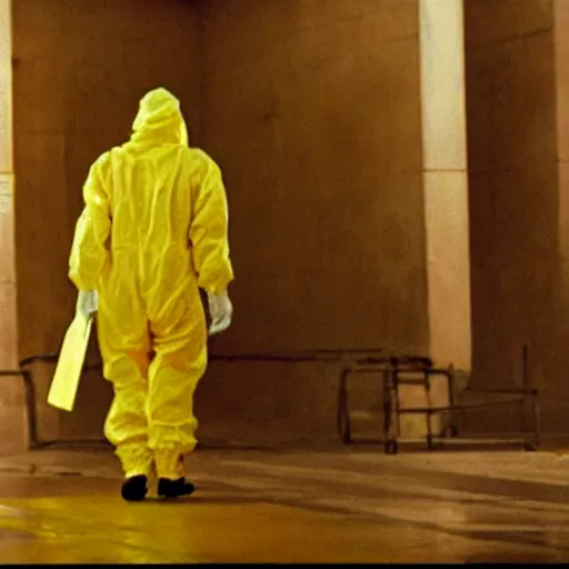 Prompt: a man wearing a faint yellow hazmat suit, film still, arriflex