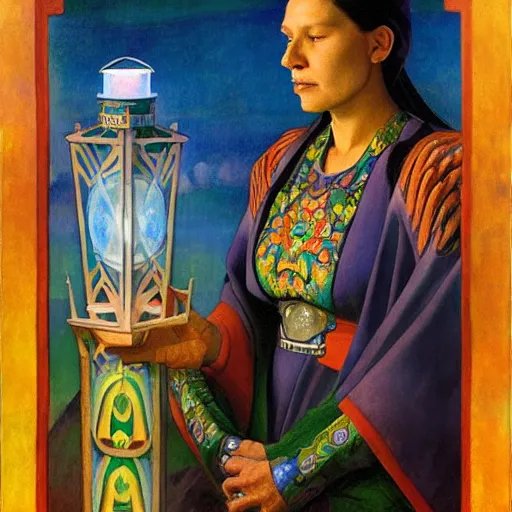 Image similar to queen of the dawn with her lantern and regalia, by donato giancola and nicholas roerich, and diego rivera, symbolist, tattoos, dramatic lighting, elaborate geometric ornament, art brut, god rays, soft cool colors, smooth, sharp focus, extremely detailed