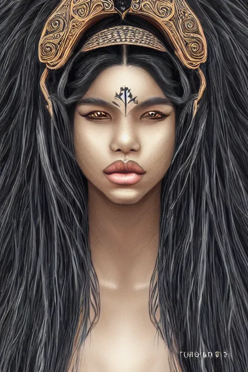 Image similar to A bust of a beautiful dark skinned Maori girl with large lips and smooth eyebrows and straight hair, HD, illustration, epic, fantasy, intricate, elegant, amazing detail, digital painting, artstation, concept art, smooth, sharp focus, illustration, art by Turine Tran