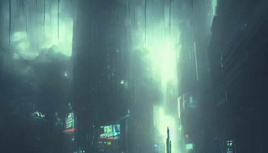 Image similar to man in sky falling through clouds over a dark cyberpunk city, digital art, volumetric lighting, dystopia, artstation, concept art, painting