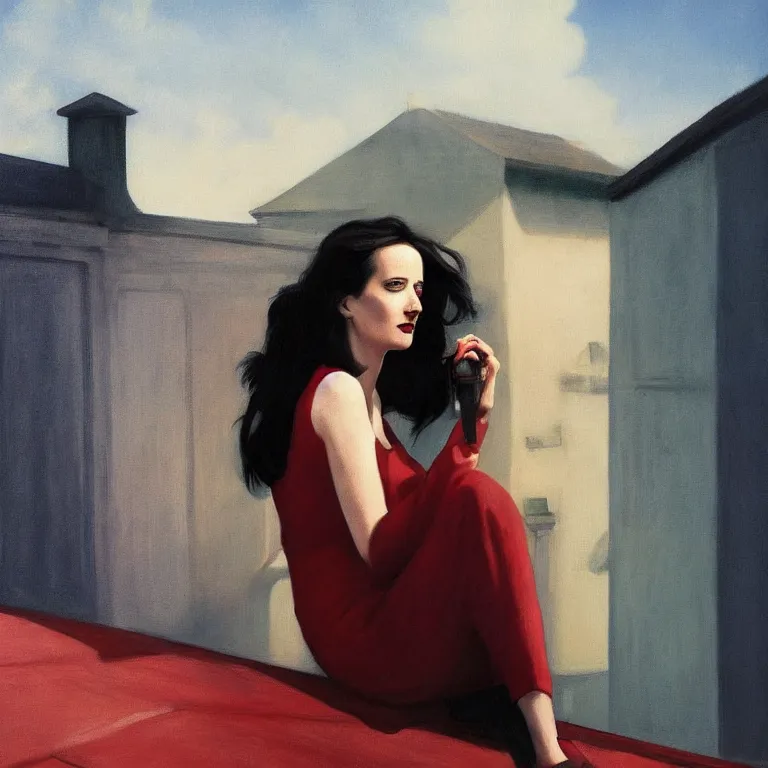 Image similar to portrait of Eva Green on a roof, fog, early morning, , painted by Edward Hopper, painted by Wayne Barlow, airbrush