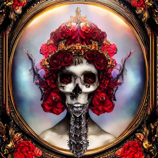 Prompt: Persephone, queen of the underworld, oil on canvas, symmetrical features, ominous, magical realism, texture, intricate, ornate, royally decorated, skull, skeleton, whirling smoke, embers, red adornements, red torn fabric, radiant colors, fantasy, trending on artstation, volumetric lighting, micro details, 3d sculpture, ray tracing, 8k