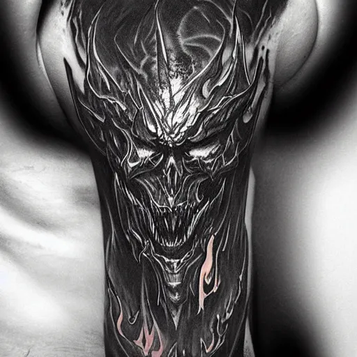 Image similar to diablo lord of terror engulfed in flames, 3/4 shot from below, full body, detailed greyscale tattoo by Dmitriy Tkach