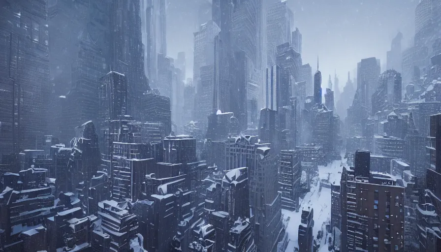 Image similar to New York City covered by ton of snow, wide view, volumetric light, hyperdetailed, artstation, cgsociety, 8k