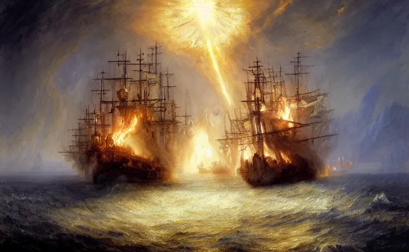 Image similar to epic naval battle, pirate galleons and millennium falcon. by artstation trending, by joseph mallord william turner, luis royo, konstantin razumov, cinematic lighting, fractal flame, highly detailed