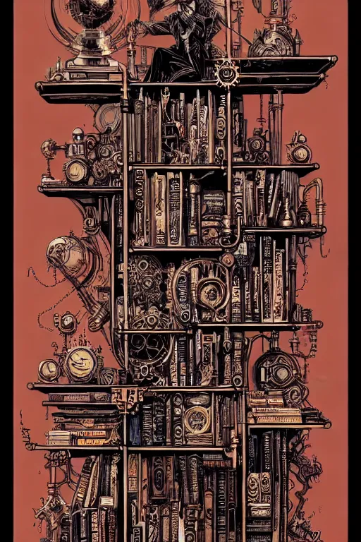 Image similar to a majestic steampunk alchemist book shelf, furniture, high details, bold line art, by vincent di fate and joe fenton, inking, etching, screen print, masterpiece, trending on artstation, sharp, high contrast, hyper - detailed,, hd, 4 k, 8 k