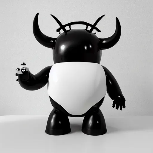 Image similar to a mechanical cow doll with big head and horns, minimalist style, metal, 3D art, in style of Baymax, smooth, 8k