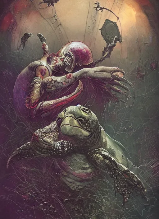 Image similar to the mock turtle, death tarot card, highly detailed, cinematic, 8 k, by megan duncanson, benjamin lacombe, adrian borda, stanley artgermm, tom bagshaw, craig mullins, carne griffiths, ayami kojima, beksinski, giger, trending on deviantart, hyper detailed, horror, full of colour