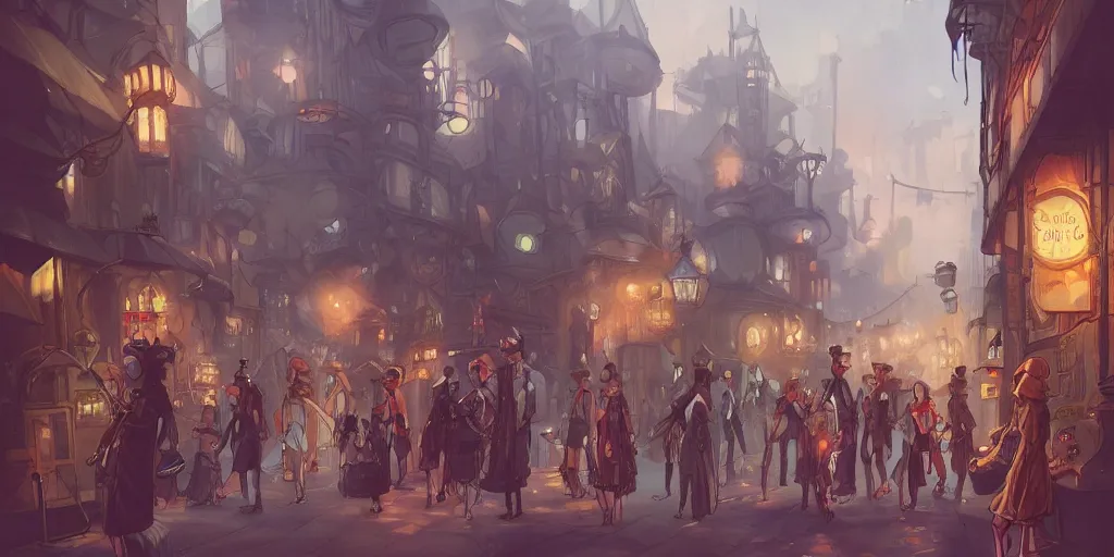 Prompt: a street of a big flying steam punk city full of people with strange costumes by Loish, artstation