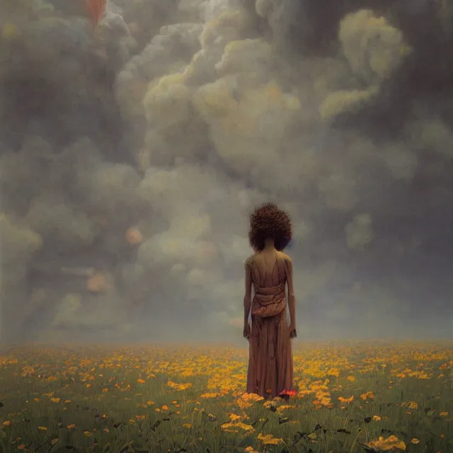 Prompt: A woman wearing clothes made out of thunder clouds and flowers, people floating in the sky, apocalypse, yellow skin, Masterpiece, glowing, wires everywhere, by Edgar Maxence and Ross Tran, Zdzisław Beksiński, and Michael Whelan, distant, gustav dore, H.R. Giger, 8k, octane render