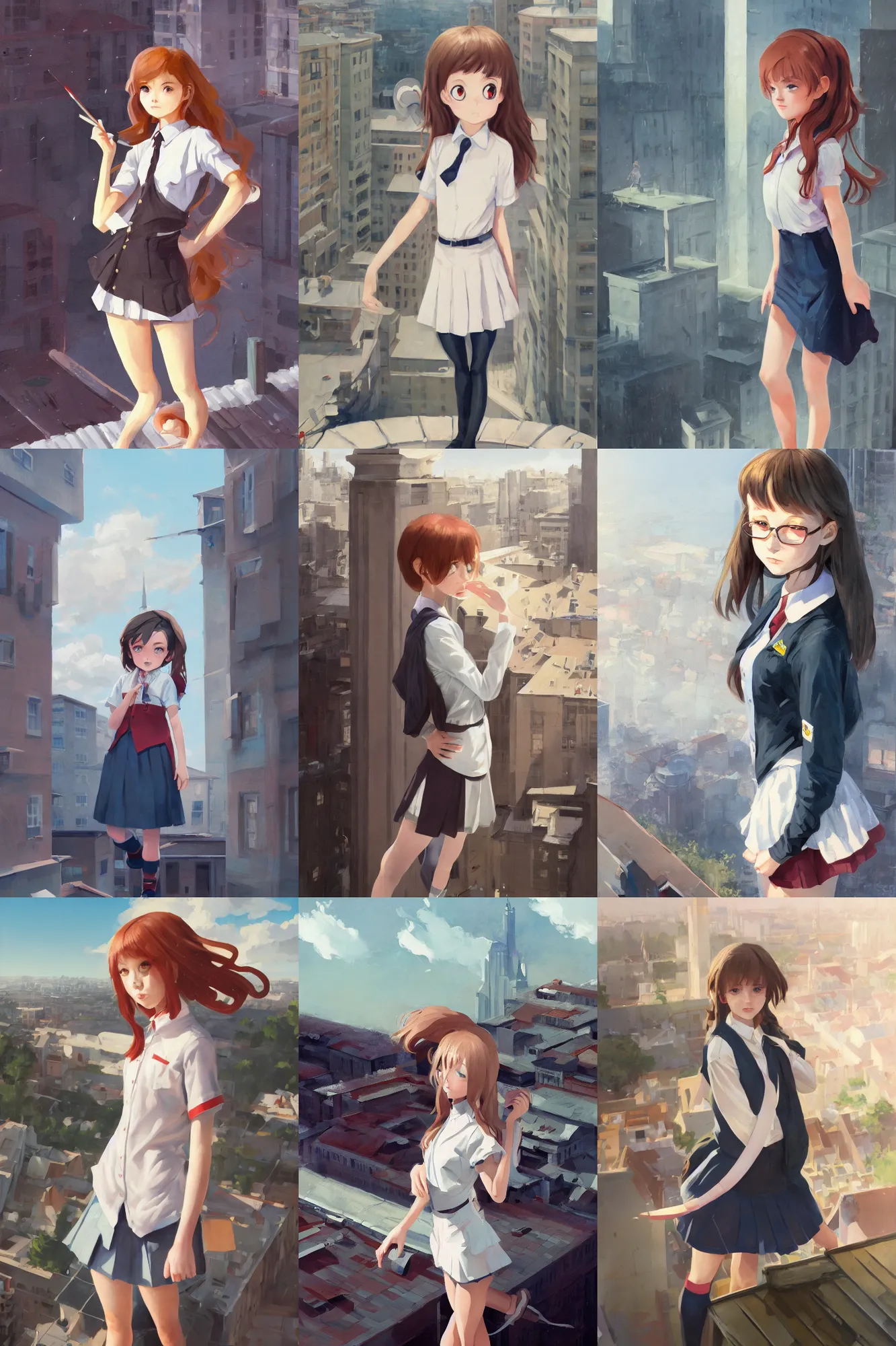 Prompt: gouache of a cute girl wearing school uniform standing on the edge of the roof of a tall building, delicate face, 8 k wallpaper, strong brush stroke, very high detailed, sharp focus, illustration, morandi color scheme, art station, by krenz cushart