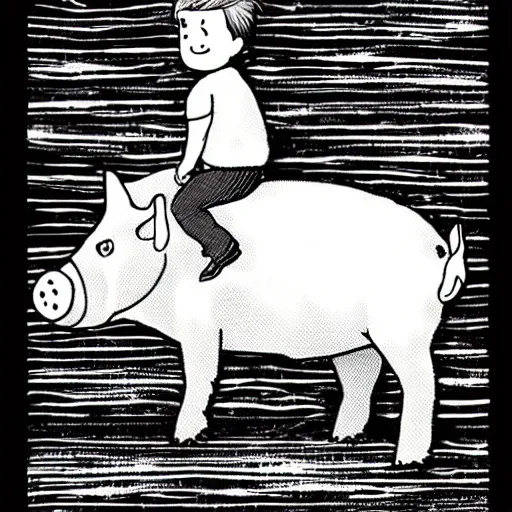 Image similar to small young boy riding large fat pig, black and white, cartoon, detailed, crosshatch