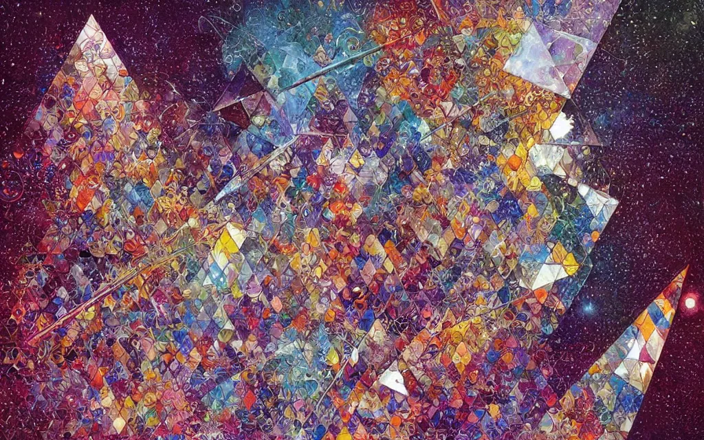Prompt: triangles and crystals. retro art by jean giraud. fibonacci. by brian froud, yoshitaka amano, kim keever, victo ngai