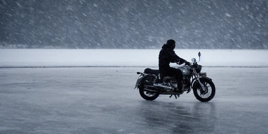 Prompt: motorcycle driving on an icy lake during winter, night time, far away