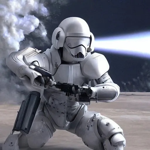 Prompt: movie photograph of an old man who is a veteran of many futuristic wars with short gray hair and blue eyes. he is wearing a white futuristic suit of heavy combat armor and holding a blaster in one hand and a plaster plasma - proof shield in the other. riding a white armored motorcycle charging into enemy lines while firing plasma bolts. futuristic battle.