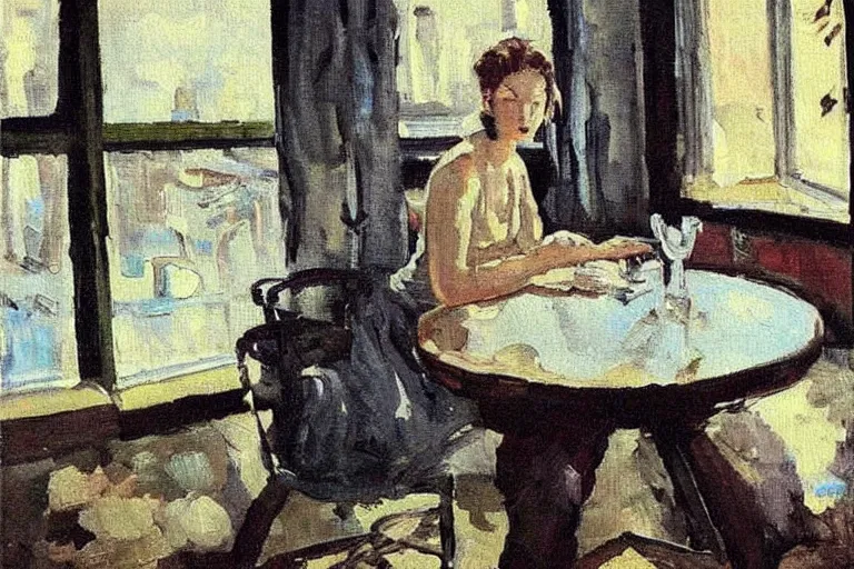 Image similar to a beautiful sad girl is sitting at the table, huge nuclear explosion is in the window, painting in style of Valentin Serov,