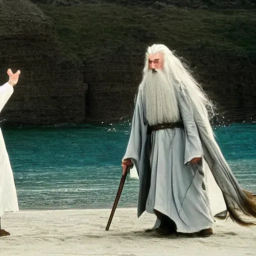 Image similar to Gandalf and Saruman frolicking on a beach, cinematic color