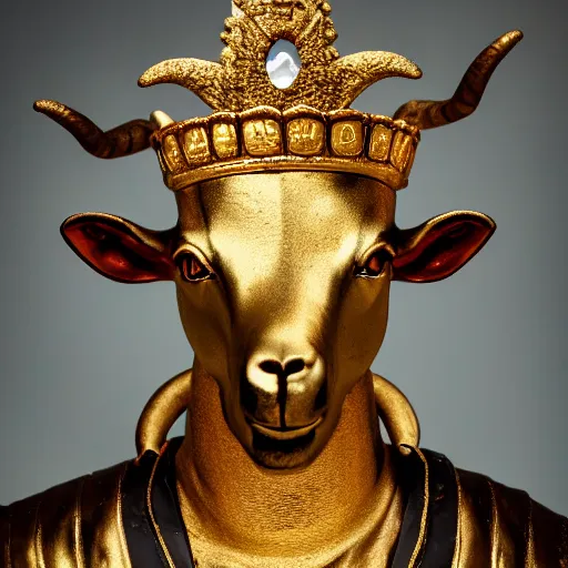 Image similar to Cinematic still of a sculpture of an anthropomorphic goat wearing a gold crown and royal robe, portrait, shallow depth of field, rap album cover