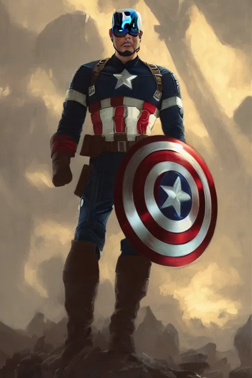 Image similar to a distant cinematic shot of Donald Trump as Captain America, D&D, fantasy, intricate, elegant, highly detailed, digital painting, artstation, concept art, matte, smooth, sharp focus, illustration, art by Artgerm and Greg Rutkowski and Alphonse Mucha, oil painting, 8k, hyper realistic