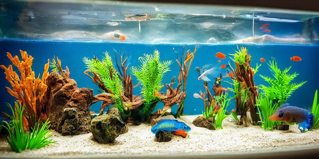 Prompt: fish tank in hospital waiting room. newt. plasticine model in water. figures clay. tilt shift. clay figure. weird. surreal. tropical fish tank with sand. strange. bubbles form pump. hands. tank. siamese fighting fish. aquatic photography. photorealistic. waiting room