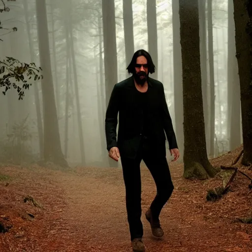 Image similar to Keanu reeves in The woods foggy but clear image 4k detailed