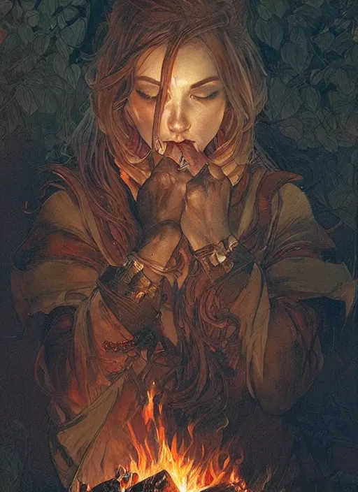 Image similar to portrait of a stunningly beautiful campfire, highly detailed, 3 5 mm photo, artstation, concept art, sharp focus, 2 8 mm macro photo, art by artgerm and greg rutkowski and alphonse mucha, incredibly beautiful and symmetrical, incredibly detailed, award winning art, royal