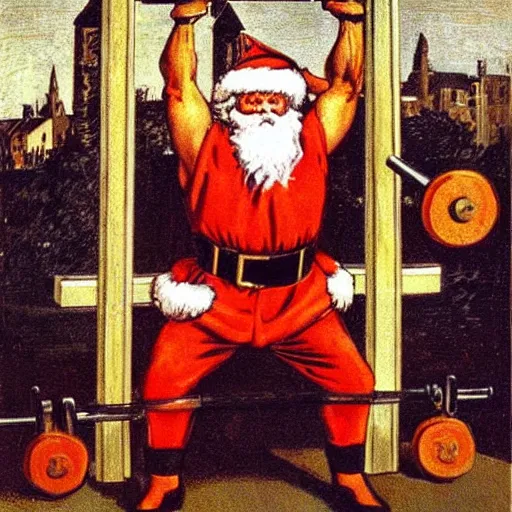 Prompt: santa lifting weights, squats, gothic triptych