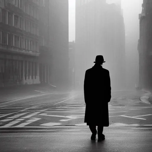 Prompt: a shadowed figure in a long coat on a misty city street, film noir