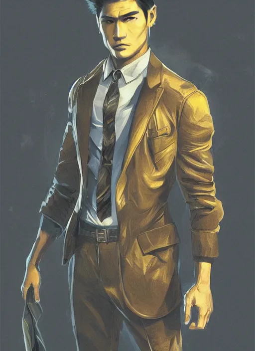 Image similar to a highly detailed illustration of Daniel Matsunaga as serious detective wearing detective coat, glowing yellow eyes, dramatic standing holding closed book pose, muscular, intricate, elegant, highly detailed, centered, digital painting, artstation, concept art, smooth, sharp focus, league of legends concept art, WLOP