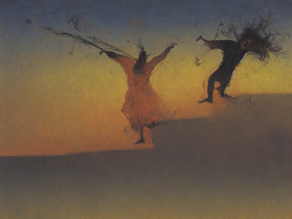 Prompt: painting by mikalojus konstantinas ciurlionis. devil jumping from roof to roof. sunset.