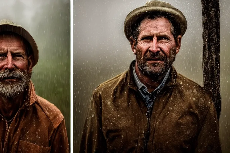 Image similar to a cinematic headshot portrait of a farmer, stood outside a wooden cabin, rain, ultra realistic, dramatic lighting, by mike campau and annie leibovitz