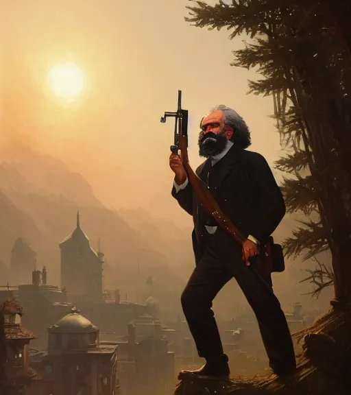 Image similar to highly detailed portrait karl marx with a rifle in gta v, stephen bliss, unreal engine, fantasy art by greg rutkowski, loish, rhads, ferdinand knab, makoto shinkai and lois van baarle, ilya kuvshinov, rossdraws, tom bagshaw, global illumination, radiant light, detailed and intricate environment