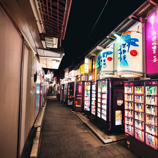 Prompt: a beautiful picture of japanese vending machines in a little tokyo street by night, trending on artstation
