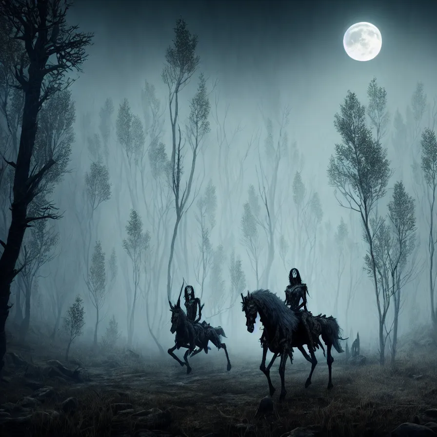 Image similar to the wild hunt, ghost riders in the full moon, skeletal shadow creatures, lurking enchanted forest, blizzard, mist, treacherous road, uneasy atmosphere, from the witcher, cinematic, arnold gpu, octane workflow, 8 k, unreal 5, hyperrealist, ultra detailed, cohesive composition, intricate digital art, volumetric lighting, trending artstation, dark fantasy