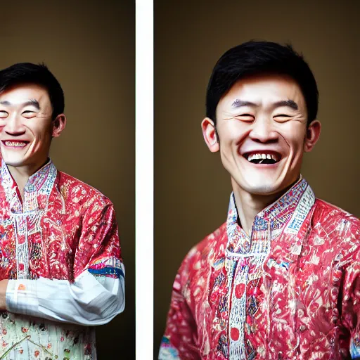 Image similar to photography of smiling kim chen in. kim chen in is wearing traditional - ukrainian shirt designed by taras shevchenko.