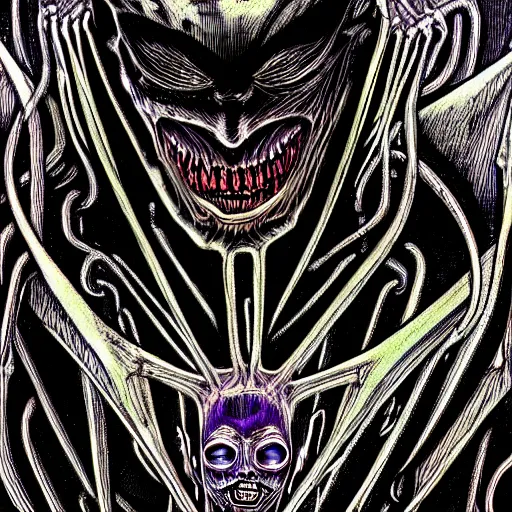 Image similar to a dark humanoid, hyper detailed, in the style of h. r. giger and junji ito and h. r. giger, selfie