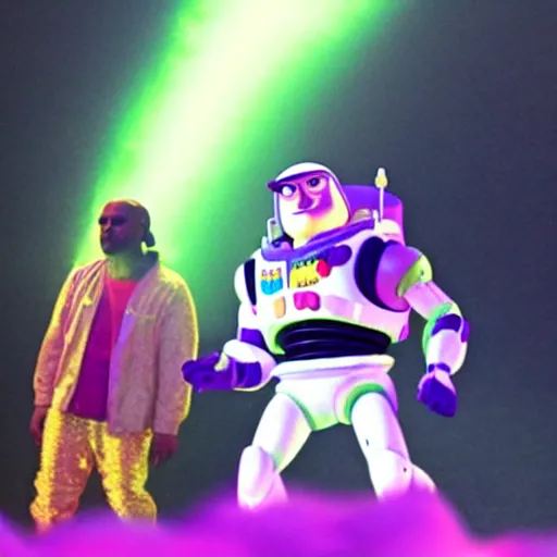Prompt: buzz lightyear performing on his yeezus tour