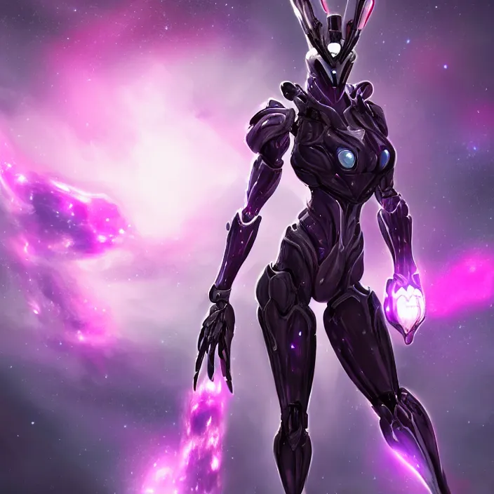 Image similar to cinematic shot, bust, cosmic sized perfectly proportioned stunning hot female warframe, robot mecha female dragon head, silver armor, fuschia leds, floating in empty space, nebula sized, holding a galaxy, epic proportions, epic size, epic scale, furry art, dragon art, giantess art, warframe fanart, furaffinity, deviantart