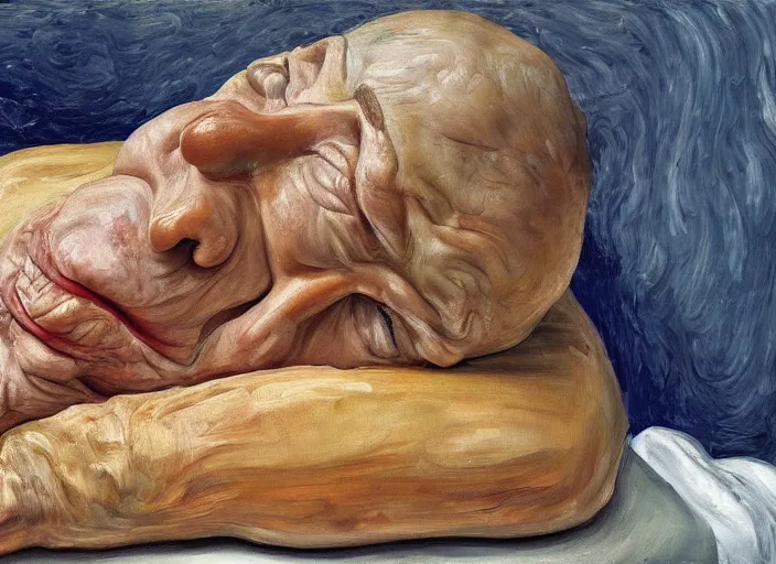 Prompt: Real life Homer Simpson, deceased in a casket, painted by Lucian Freud, highly detailed, 8k