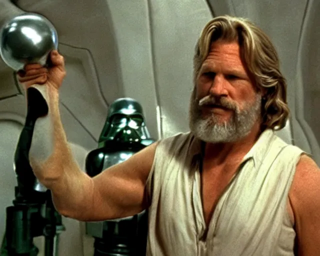 Image similar to Jeff Bridges from The Big Lebowski throwing a bowling ball in the Mos Eisley Cantina in Star Wars